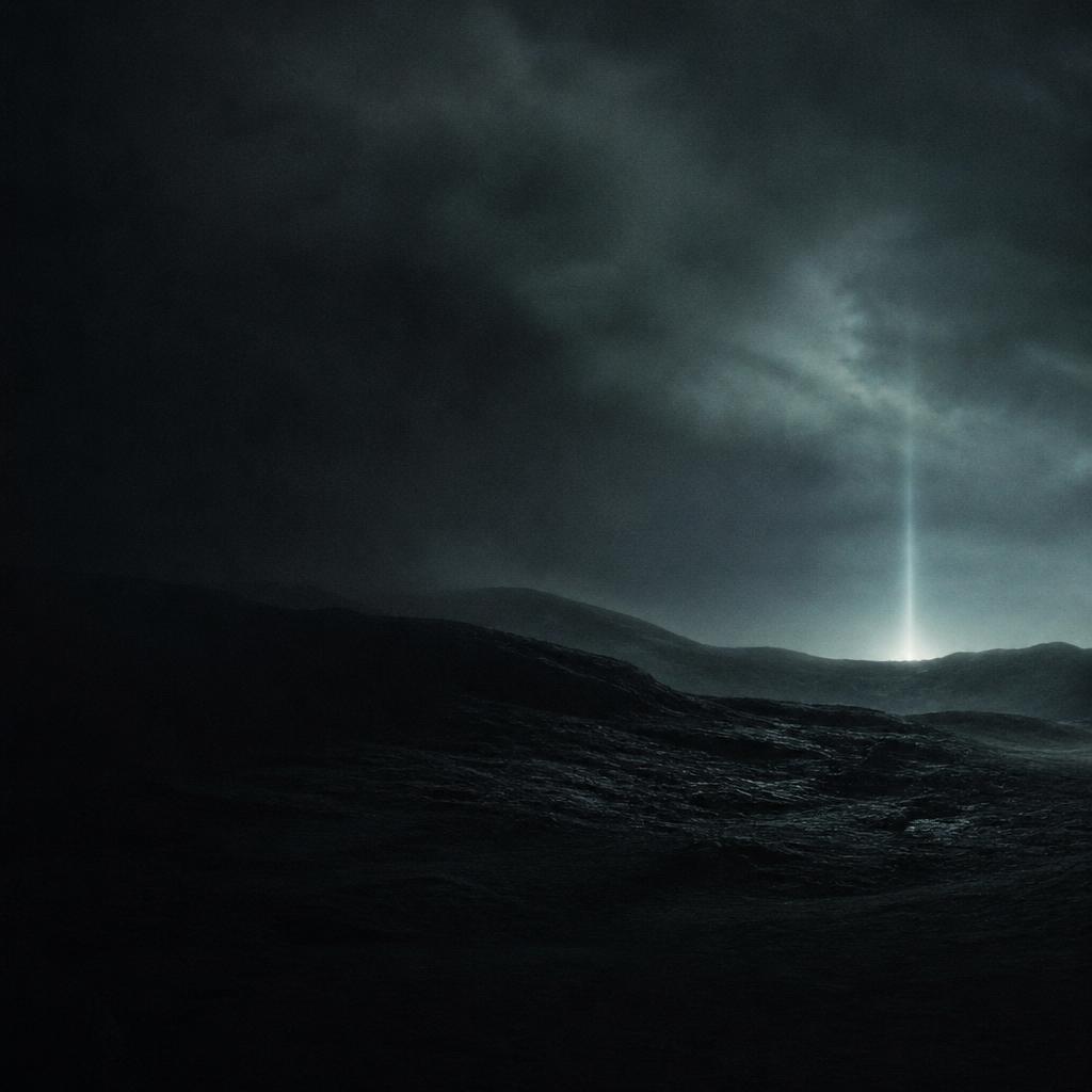 A dark atmospheric landscape under a distant vertical beam of light.